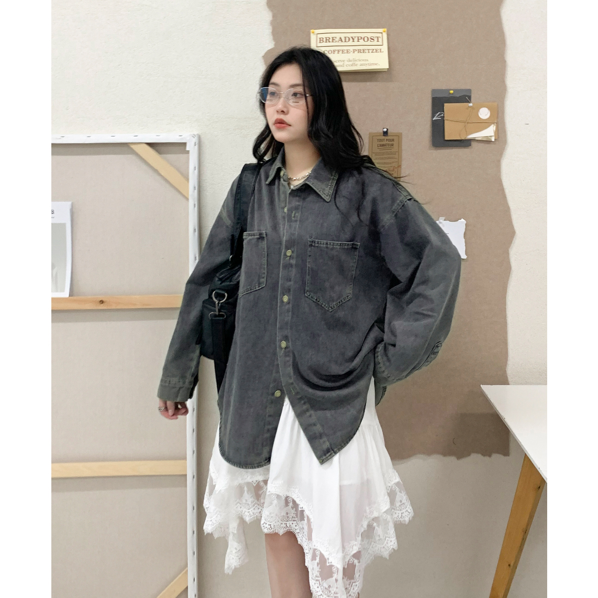CV大码女装 春季新款复古BF风翻领牛仔衬衫外套oversize衬衣胖MM