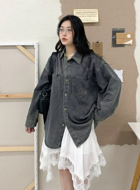 CV大码女装 秋季新款复古BF风翻领牛仔衬衫外套oversize衬衣胖MM