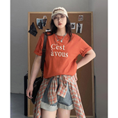 CV大码 上衣胖MM女 韩系宽松圆领撞色字母刺绣T恤短袖 女装 春夏新款