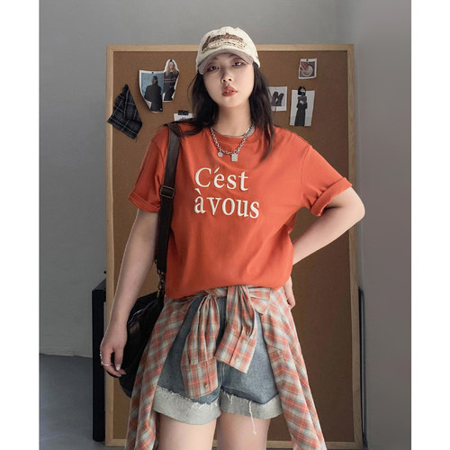 CV大码女装 春夏新款韩系宽松圆领撞色字母刺绣T恤短袖上衣胖MM女