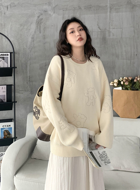 CV大码女装春款减龄重工刺绣小熊宽松圆领厚实毛衣女针织衫中长款