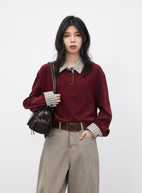 CV大码女装 春新款撞色格纹拼接长袖T恤松弛感红色翻领上衣女胖mm