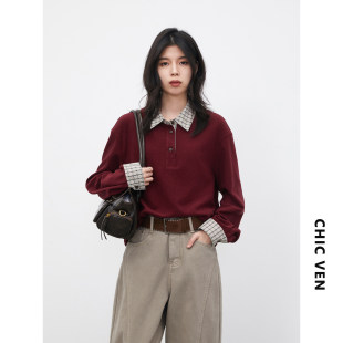 撞色格纹拼接长袖 春新款 T恤松弛感红色翻领上衣女胖mm 女装 CV大码