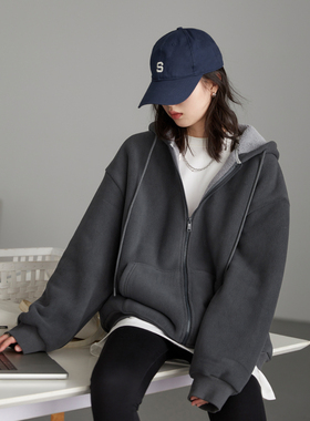 CV大码女装 冬季新品街头加绒连帽卫衣开衫双面羊羔毛外套女胖MM