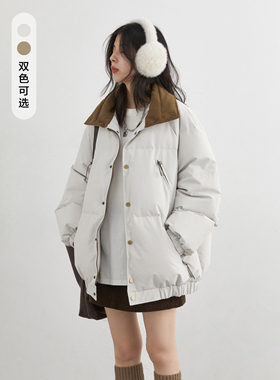 CV大码女装秋冬新款休闲撞色翻领羽绒服90白鸭绒保暖外套锁温胖mm