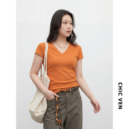 简约V领扭结收腰短袖T恤上衣女