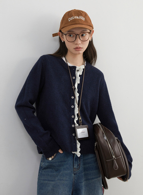 CV大码女装 冬季新款韩系圆领撞色拼接花边毛衣针织开衫上衣胖MM