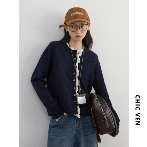 CV大码女装 冬季新款韩系圆领撞色拼接花边毛衣针织开衫上衣胖MM