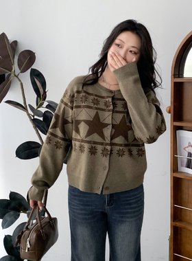 CV大码女装冬新款费尔岛星星提花毛针织衫开衫宽松保暖上衣女胖mm