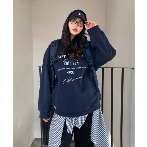 CV大码女装 冬季新款美式连帽字母印花加绒卫衣宽松休闲上衣胖MM