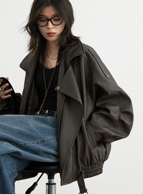 CV大码女装2026春秋季新款重工复古立领机车皮衣外套PU夹克上衣女