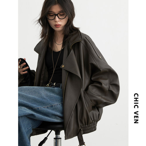 重工复古立领机车皮衣外套夹克女