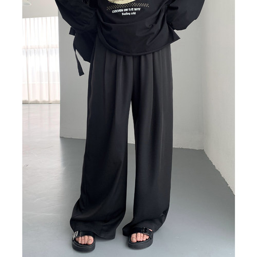 CV大码女装 春季新款松紧高腰垂感压褶西装裤休闲阔腿长裤女胖MM