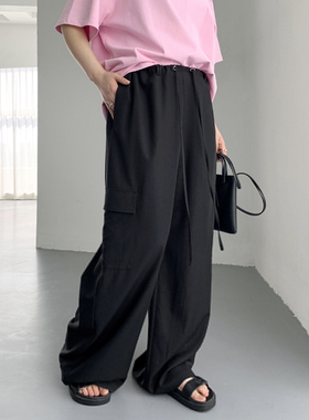 CV大码女装 春季新款天丝高腰抽绳直筒工装休闲裤拖地长裤胖mm女