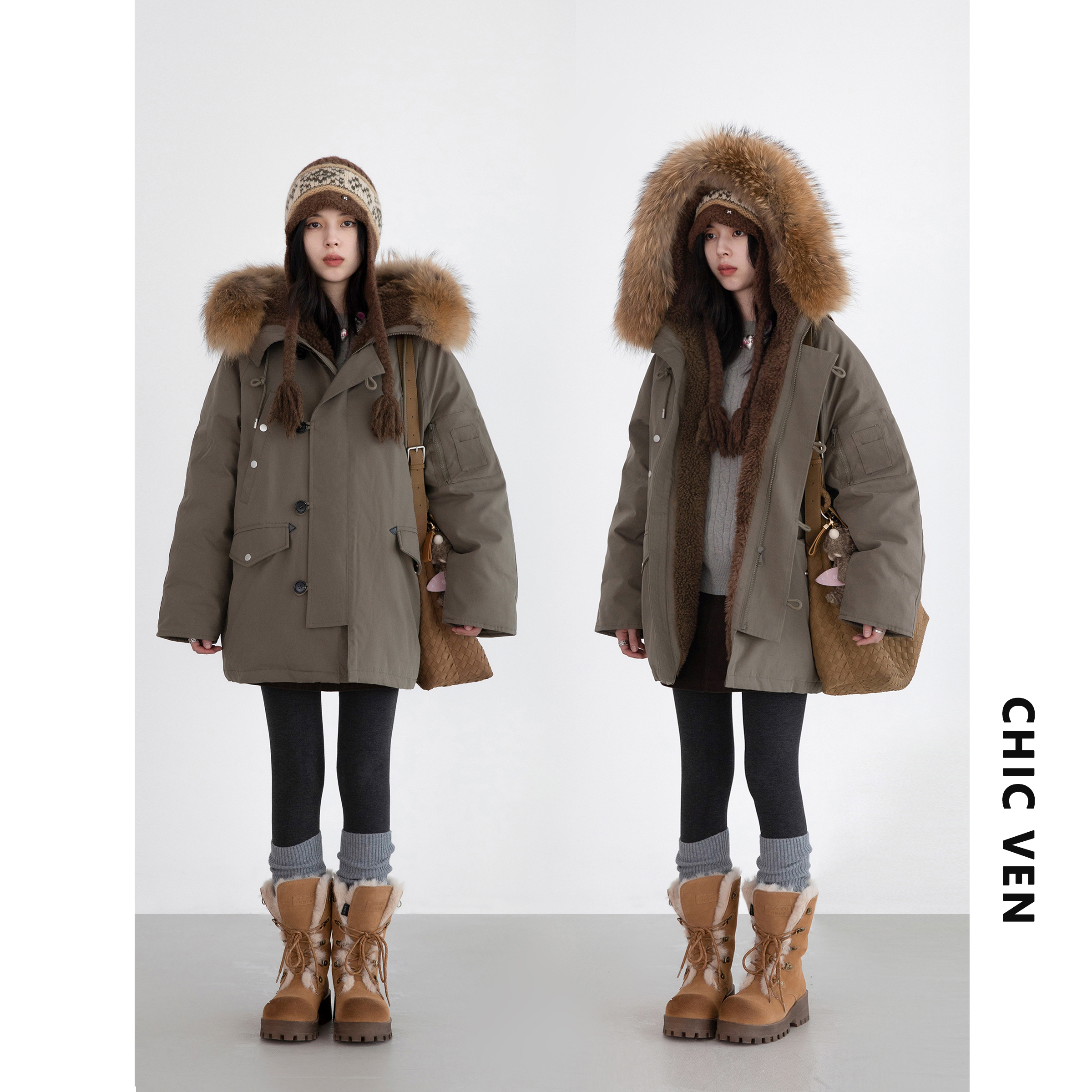 工装连帽羽绒服外套毛领派克服女