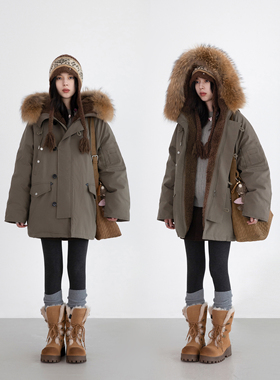 CV大码女冬新款工装连帽羽绒服外套真貉子可拆卸毛领派克服女胖mm