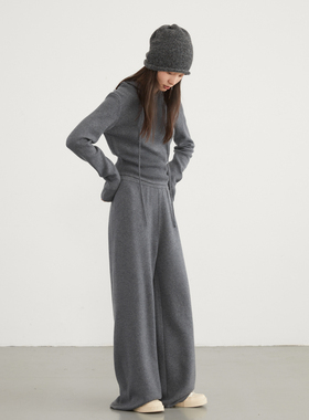 CV大码女装 冬新款休闲连帽羊毛针织衫高腰阔腿裤两件套胖MM显瘦