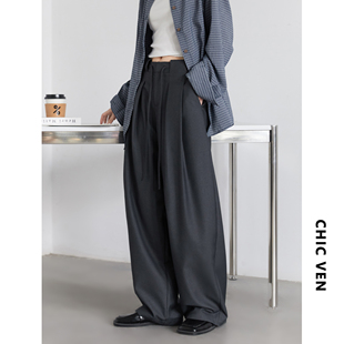新款 春季 阔腿设计感腰头抽绳压褶西装 裤 胖mm CV大码 宽松长裤 女装