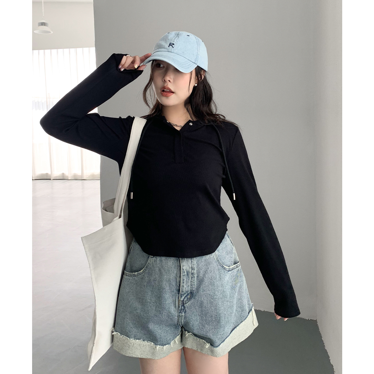 连帽抽绳叠穿女长袖修身针织T恤
