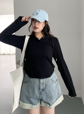 CV大码女装 春季新款简约休闲连帽抽绳叠穿女长袖修身针织T恤胖MM
