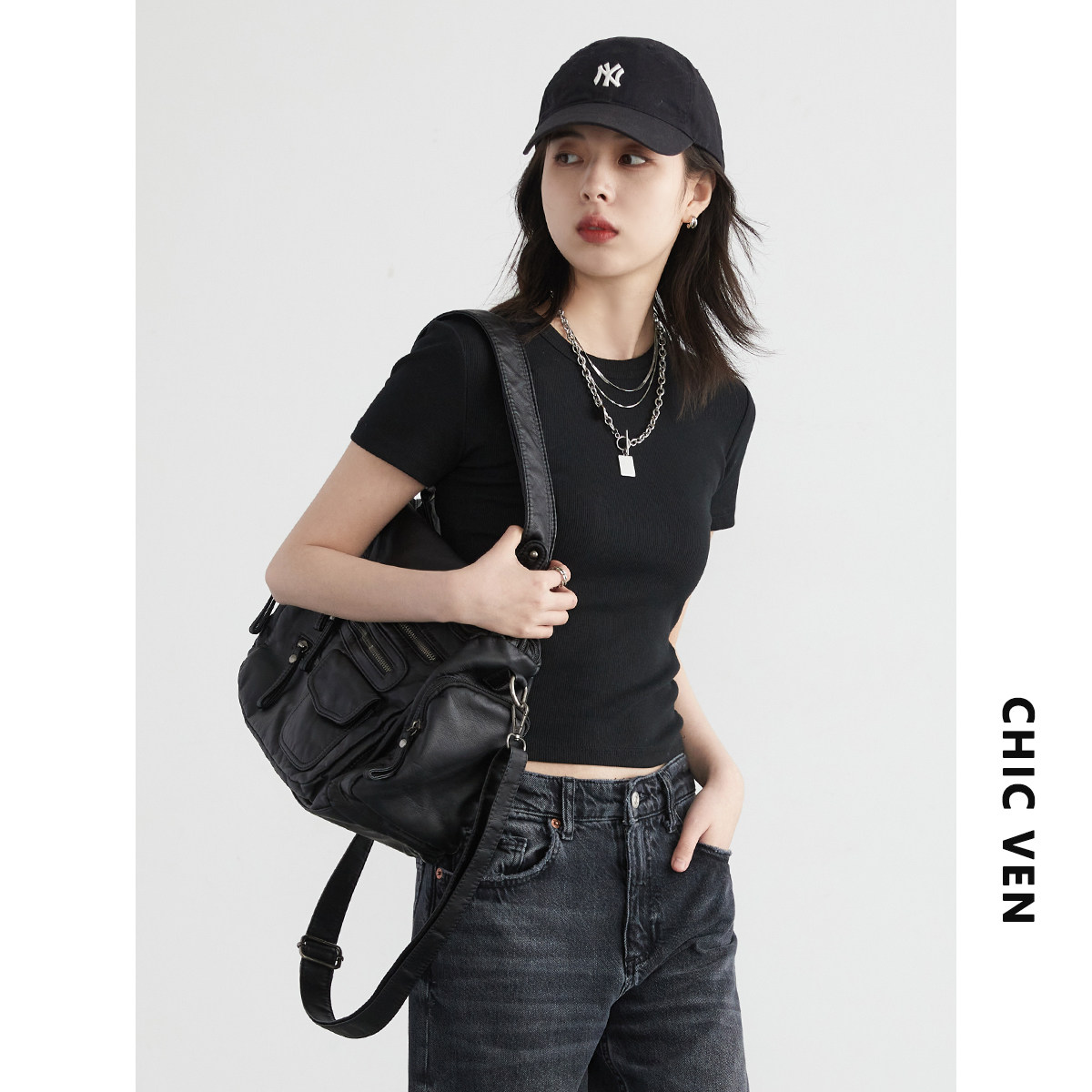 CV大码女装 夏季新款纯色圆领修身短袖T恤正肩显瘦短款上衣女胖MM