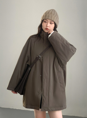 CV大码女装 冬季新品简约灰色高级感中长款大衣棉服外套胖MM显瘦