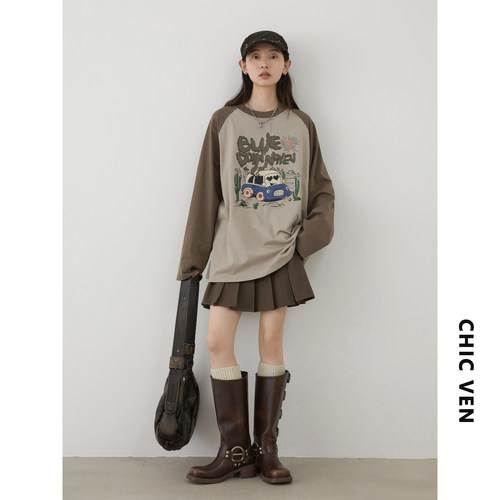 CV大码女装 2025秋季新款圆领插肩袖宽松撞色小汽车印花长袖T恤女