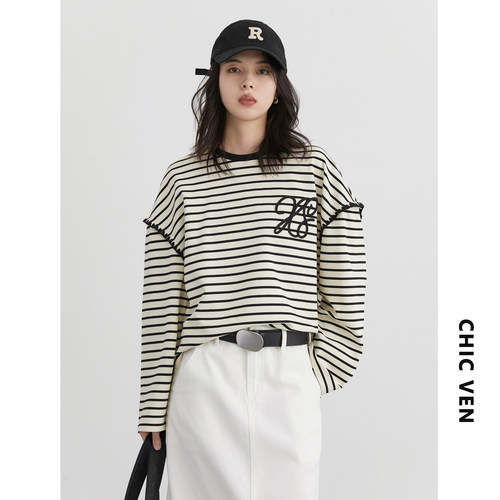 CV大码女装 春季新款宽松圆领撞色条纹长袖T恤胖MM休闲刺绣上衣女