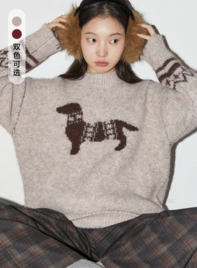 CV大码女装冬季新款复古松弛感费尔岛狗狗毛衣休闲圆领上衣女胖mm