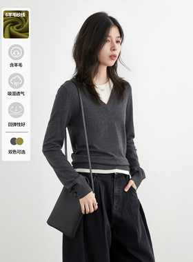 CV大码女装 秋冬新款撞色假两件羊毛针织衫保暖舒适内搭上衣胖mm