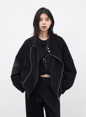 CV大码女装春新款设计感复古宽松廓形落肩雾面麂皮皮衣外套女胖mm