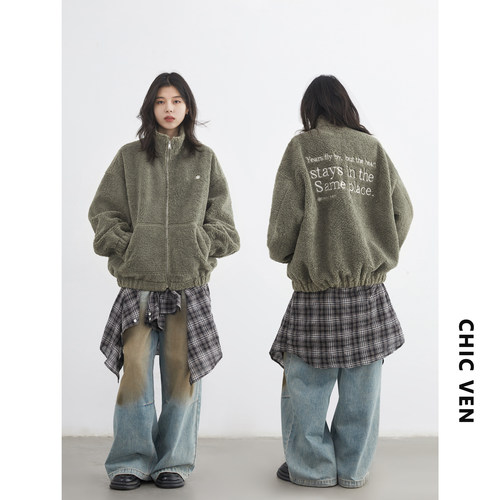 颗粒绒立领刺绣棉服防风保暖外套