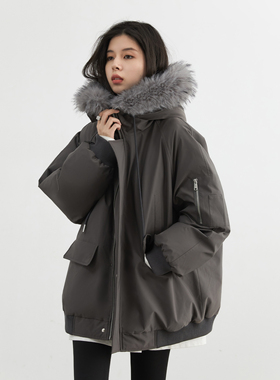 CV大码女装 2025冬季新款宽松连帽拼接毛领工装夹克棉服外套胖MM