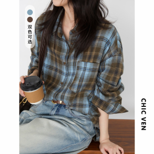 女装 中长款 春季 松弛感磨毛格纹衬衫 情侣衬衣外套女胖mm 新款 CV大码