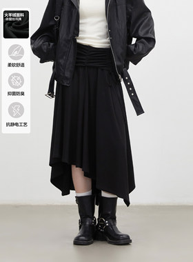 CV大码早春新款堆褶抽绳不规则波浪下摆半身裙亲肤抗菌半裙女胖mm