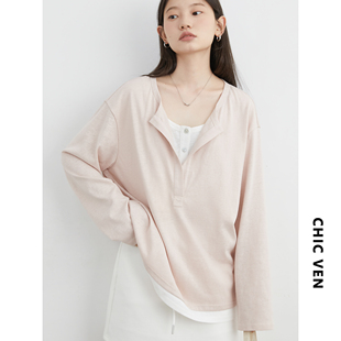 CHICVEN 女胖妹mm 早秋新款 慵懒感撞色假两件针织T恤宽松落肩长袖