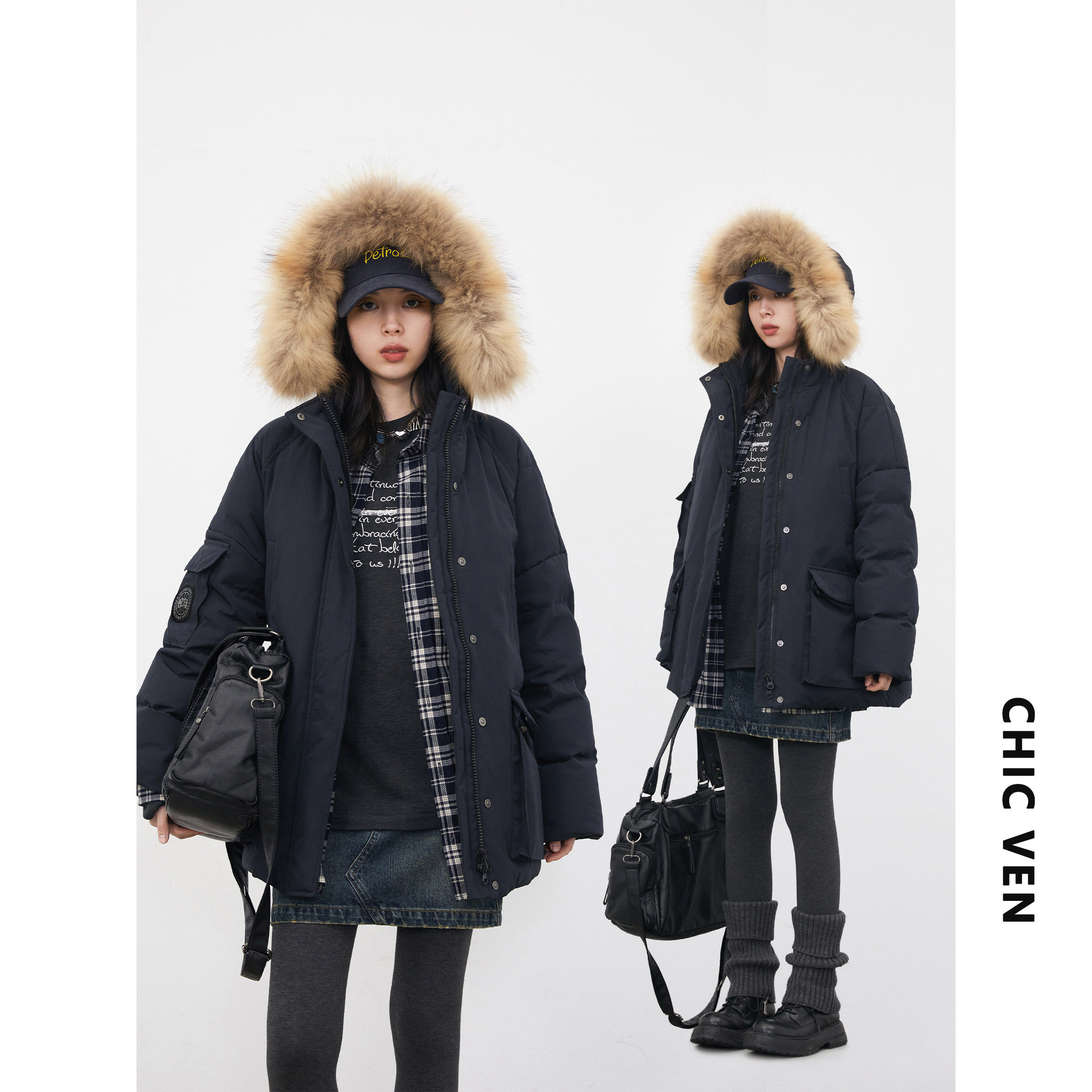 CV大码女装春新款貉子毛大毛领三防工装羽绒服女保暖90白鸭绒胖mm