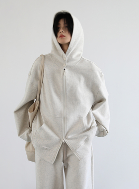 CV大码女装春款街头运动连帽双头拉链卫衣抽绳束脚卫裤两件套胖mm