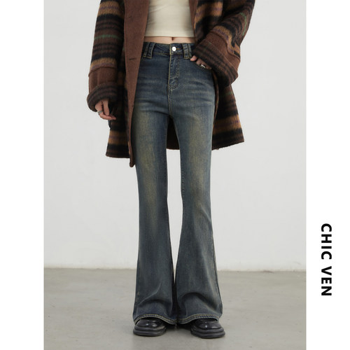 CV大码女装 冬新款复古高腰水洗喇叭裤微弹加绒拖地牛仔裤胖MM女