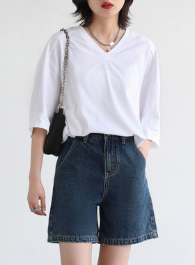 CV大码女装 潮酷复古高腰明线水洗直筒深蓝色牛仔裤短裤夏季新款