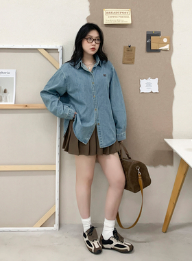 CV大码女装秋季新款韩系蝴蝶结刺绣牛仔衬衫叠穿蓝色衬衣女胖妹MM