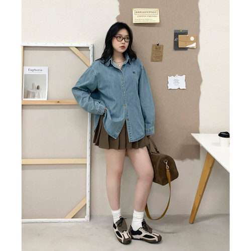 CV大码女装蓝色刺绣牛仔衬衫胖MM