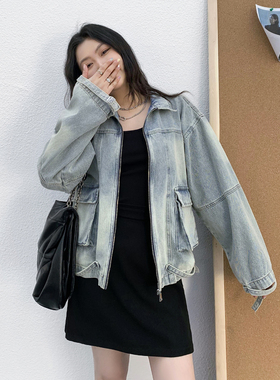 CV大码女装 春季新款做旧水洗荃棉工装贴袋设计女牛仔夹外套胖MM