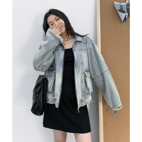 CV大码女装 春季新款做旧水洗荃棉工装贴袋设计女牛仔夹外套胖MM
