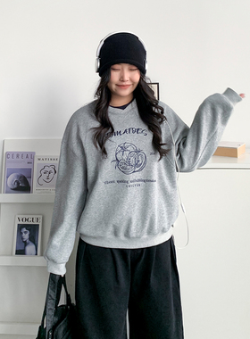 CV大码女装秋冬新款假两件番茄字母刺绣卫衣休闲套头上衣女胖妹mm