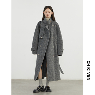立领系带羊毛双面呢大衣廓形毛呢外套 2025秋冬季 CHICVEN大码 女装