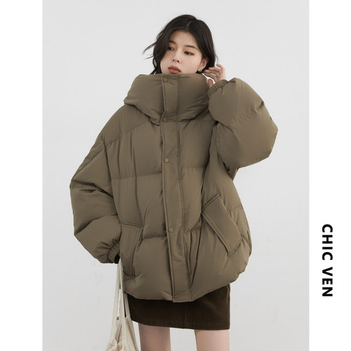 CV大码女装 冬季新款宽松连帽90白鸭绒羽绒服保暖面包服外套胖MM