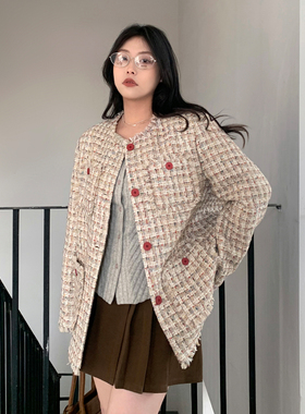 CV大码女装春季新款复古小香风编织外套毛边设计粗花呢上衣女胖mm