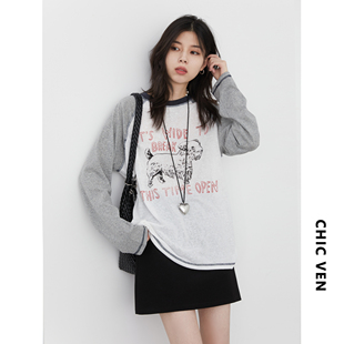 撞色拼接字母印花长袖 chicven大码 圆领插肩袖 2026春新款 T恤女 女装