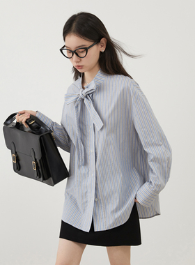 CV大码女装 2026春季新款蝴蝶结系带蓝色条纹长袖衬衫荃棉上衣女